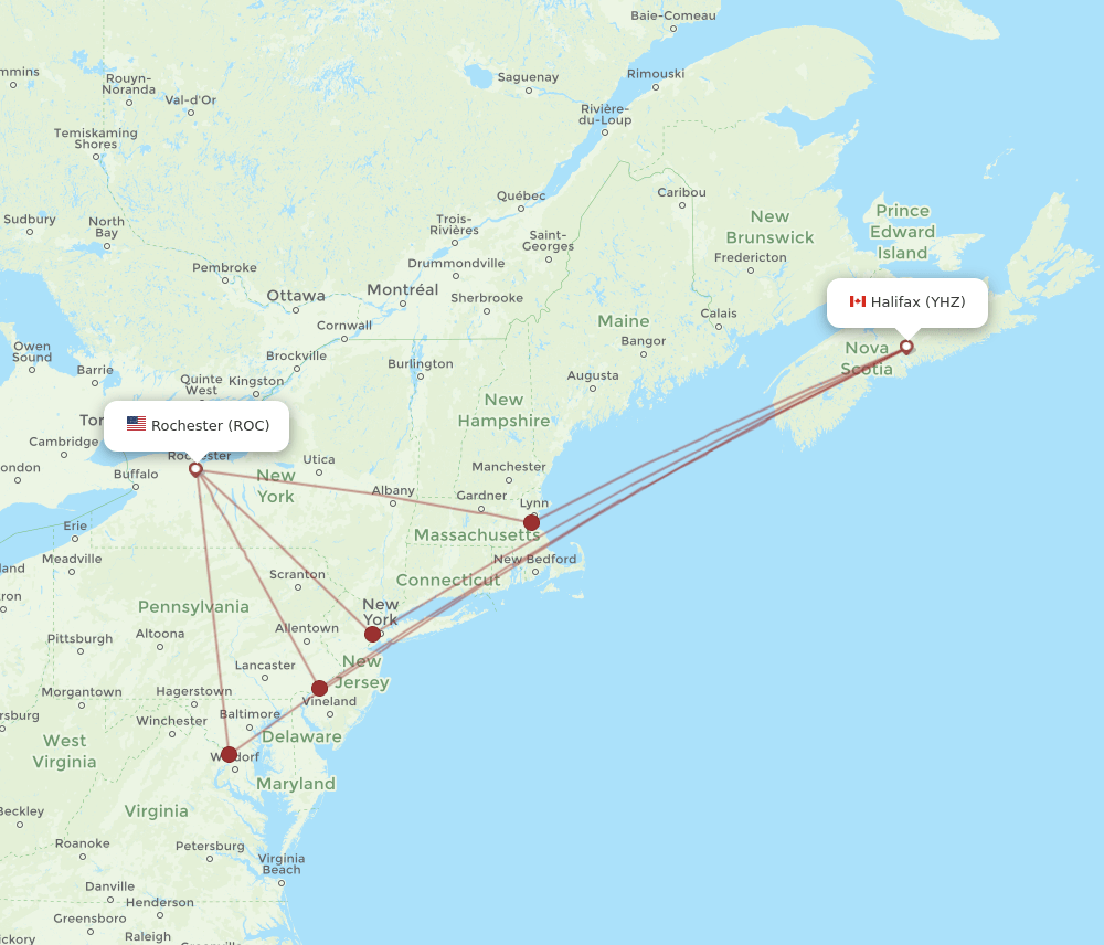 YHZ to ROC flights and routes map