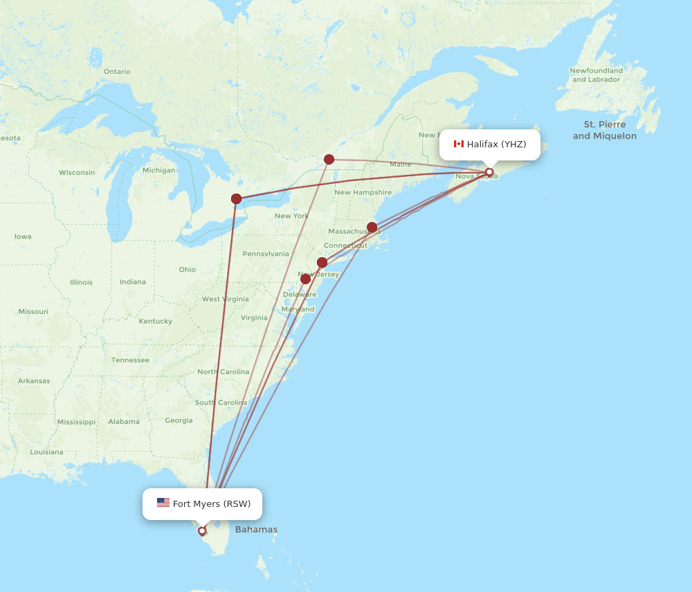 YHZ to RSW flights and routes map