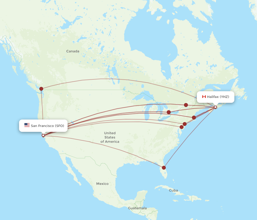 YHZ to SFO flights and routes map