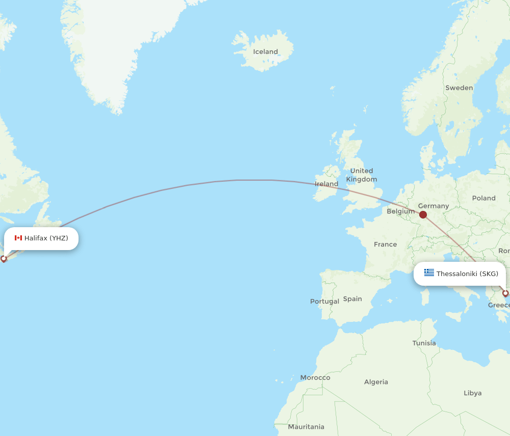 Thessaloniki - Halifax route map and flight paths