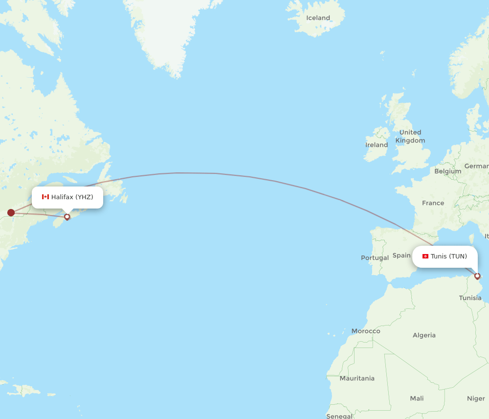 YHZ to TUN flights and routes map