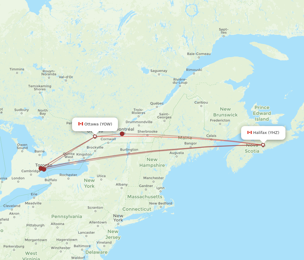 YHZ to YOW flights and routes map