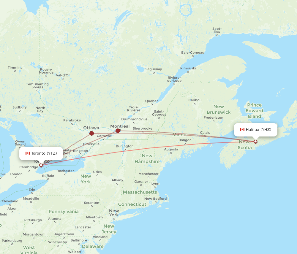 YHZ to YTZ flights and routes map