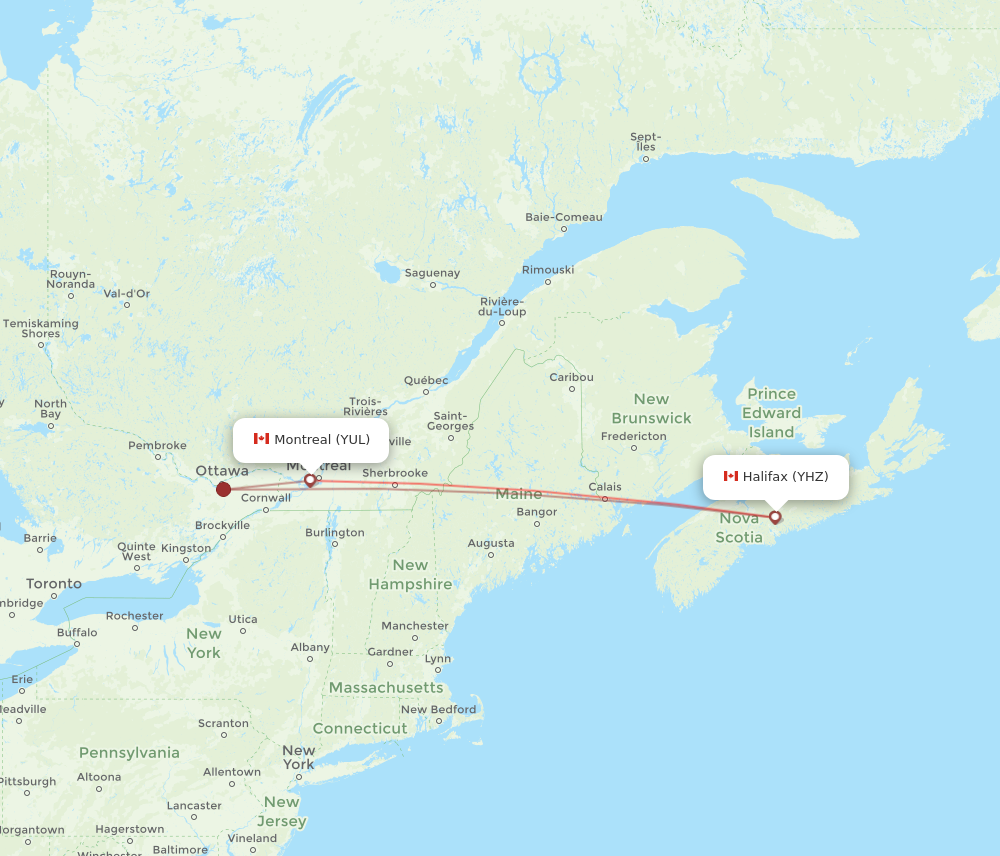 Montreal - Halifax route map and flight paths