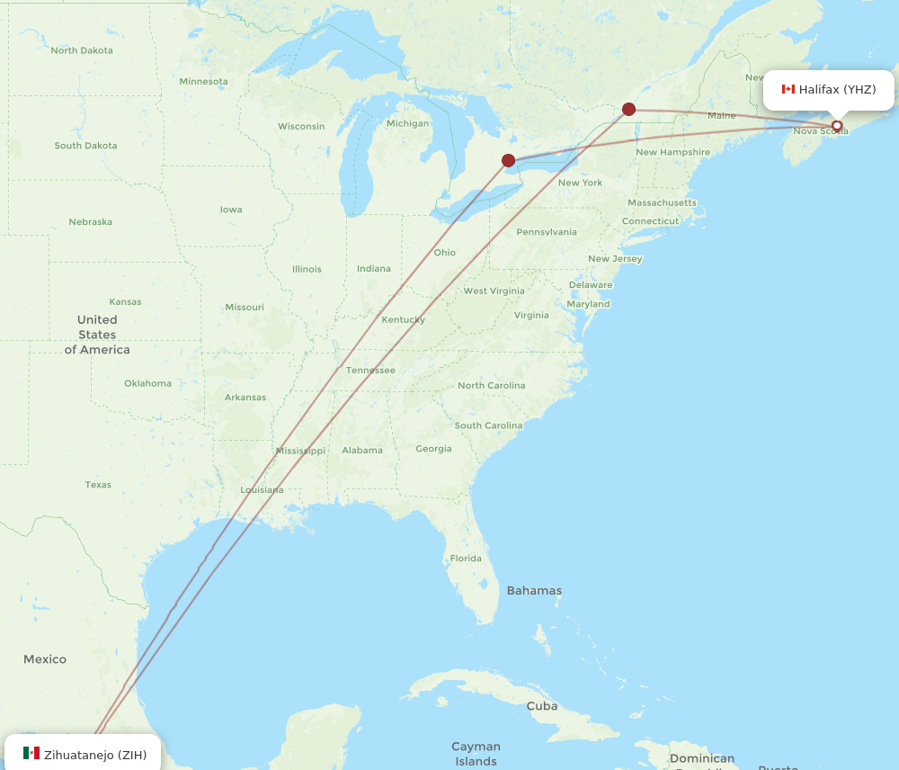 YHZ to ZIH flights and routes map
