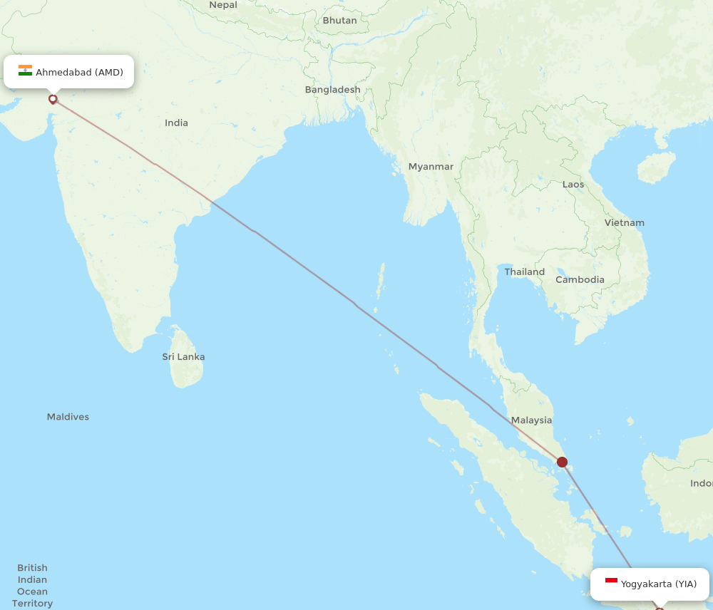 Ahmedabad - Yogyakarta route map and flight paths