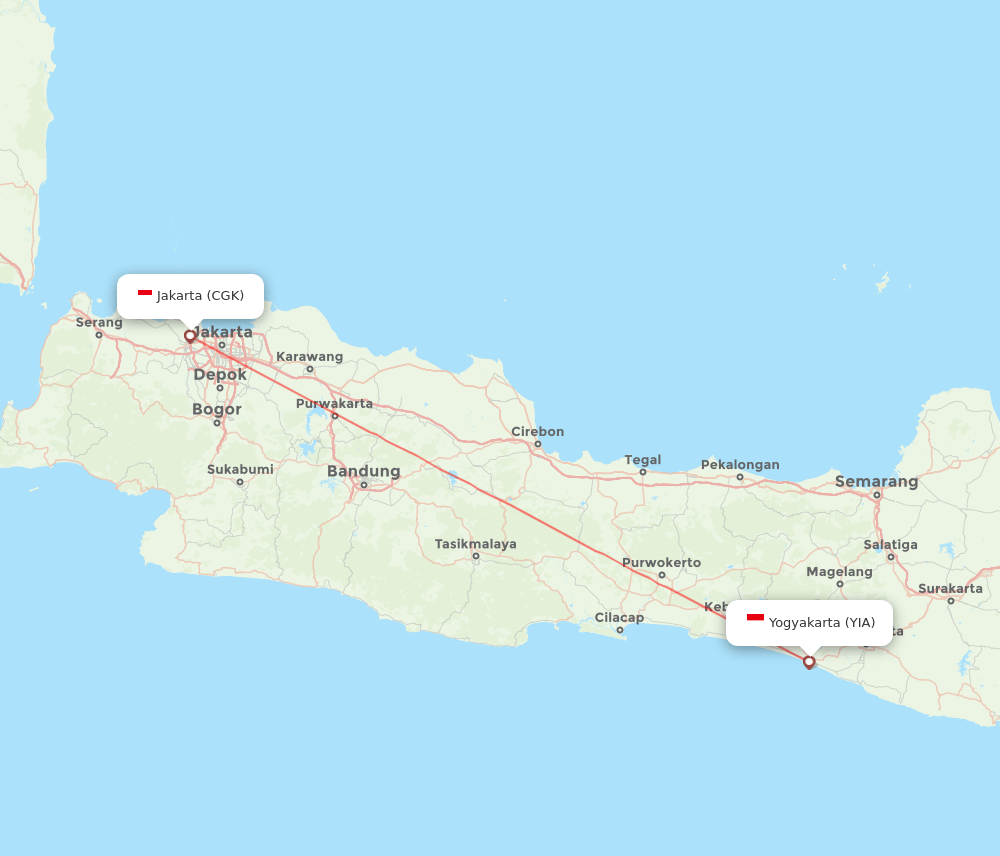 Yogyakarta - Jakarta route map and flight paths