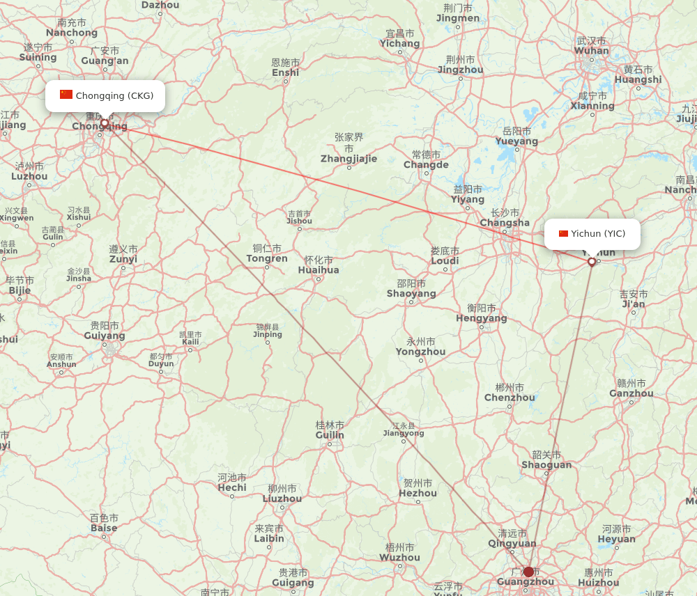 Yichun - Chongqing route map and flight paths