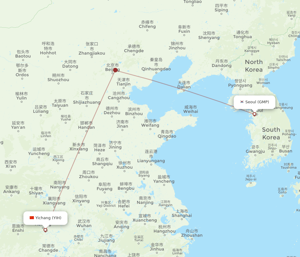 Seoul - Yichang route map and flight paths