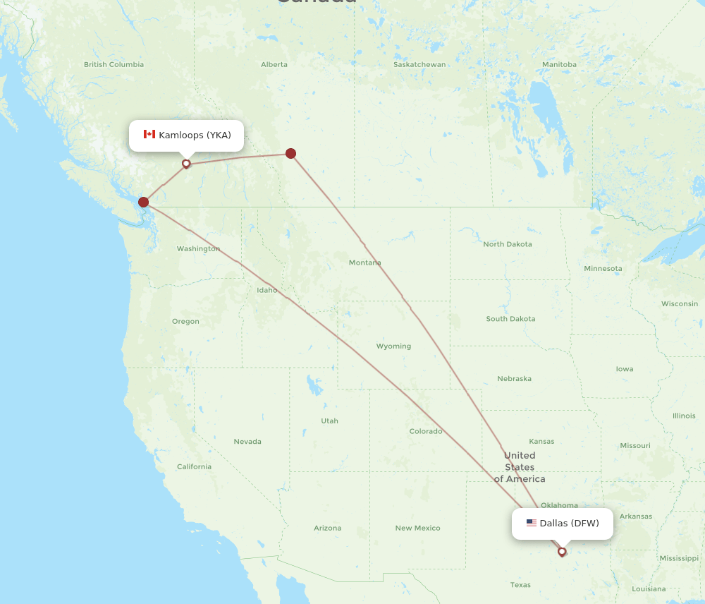 YKA-DFW flight routes