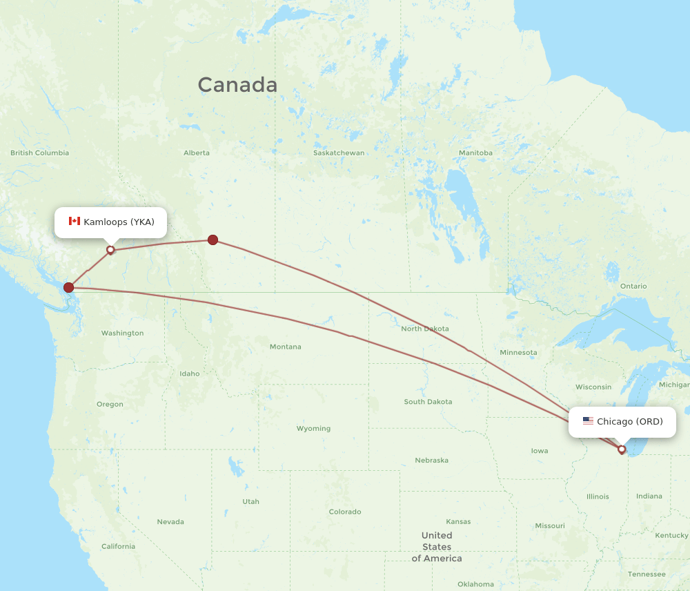 YKA-ORD flight routes