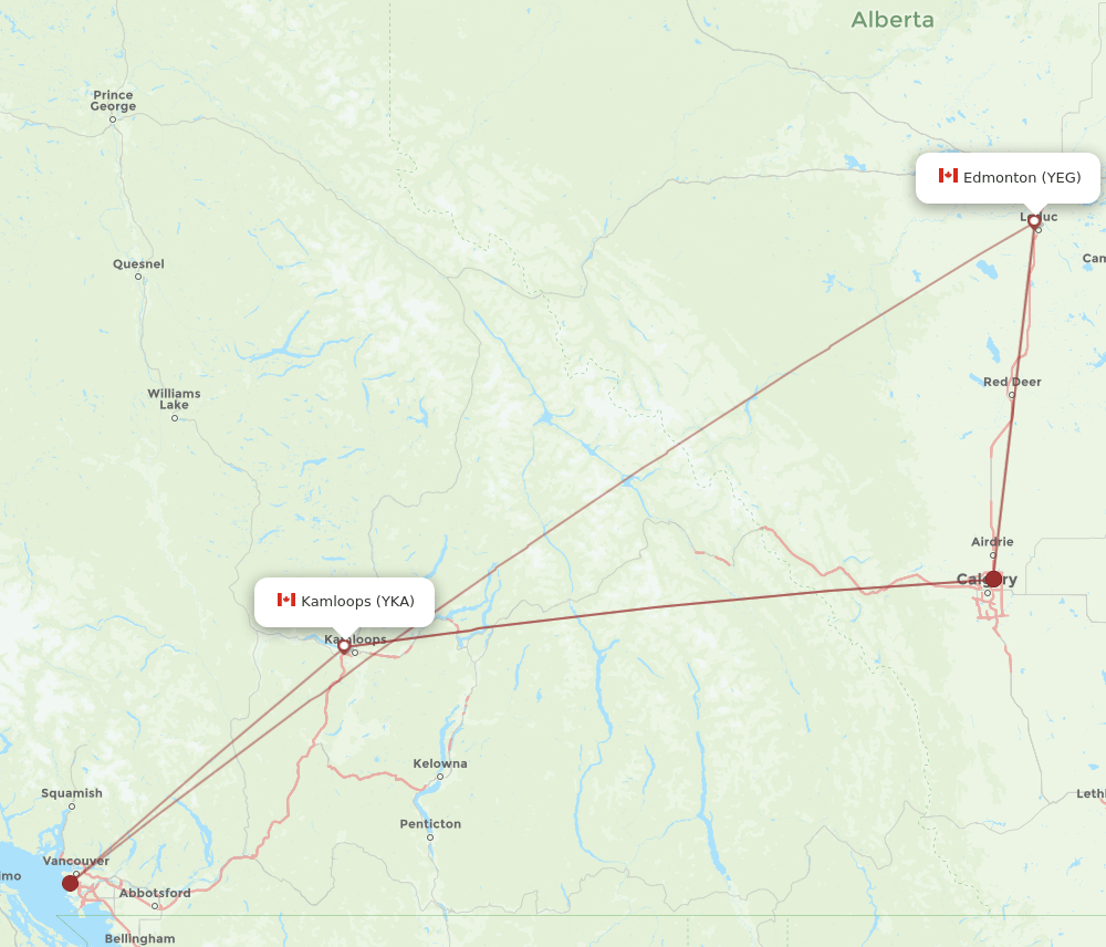 YKA to YEG flights and routes map