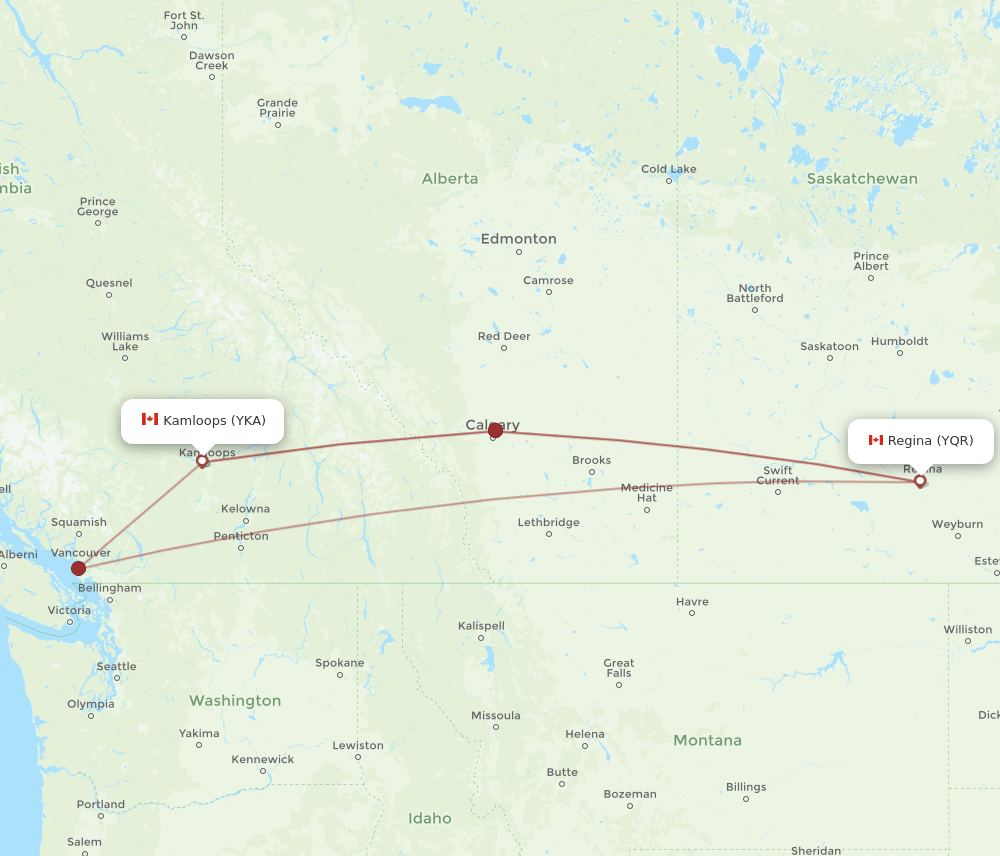 YKA-YQR flight routes