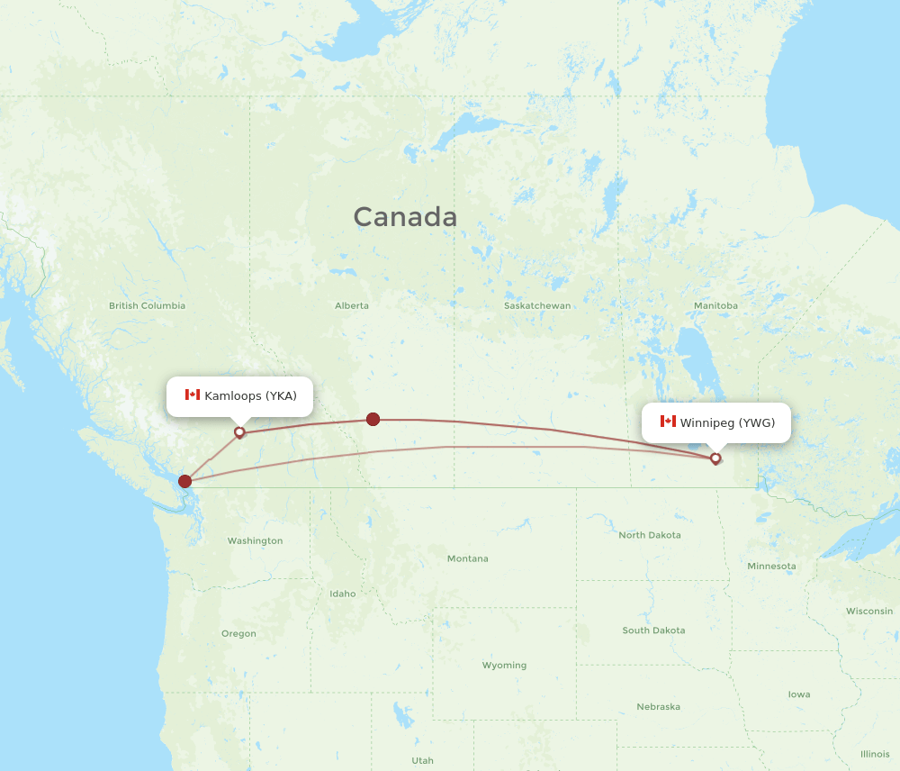 Winnipeg - Kamloops route map and flight paths