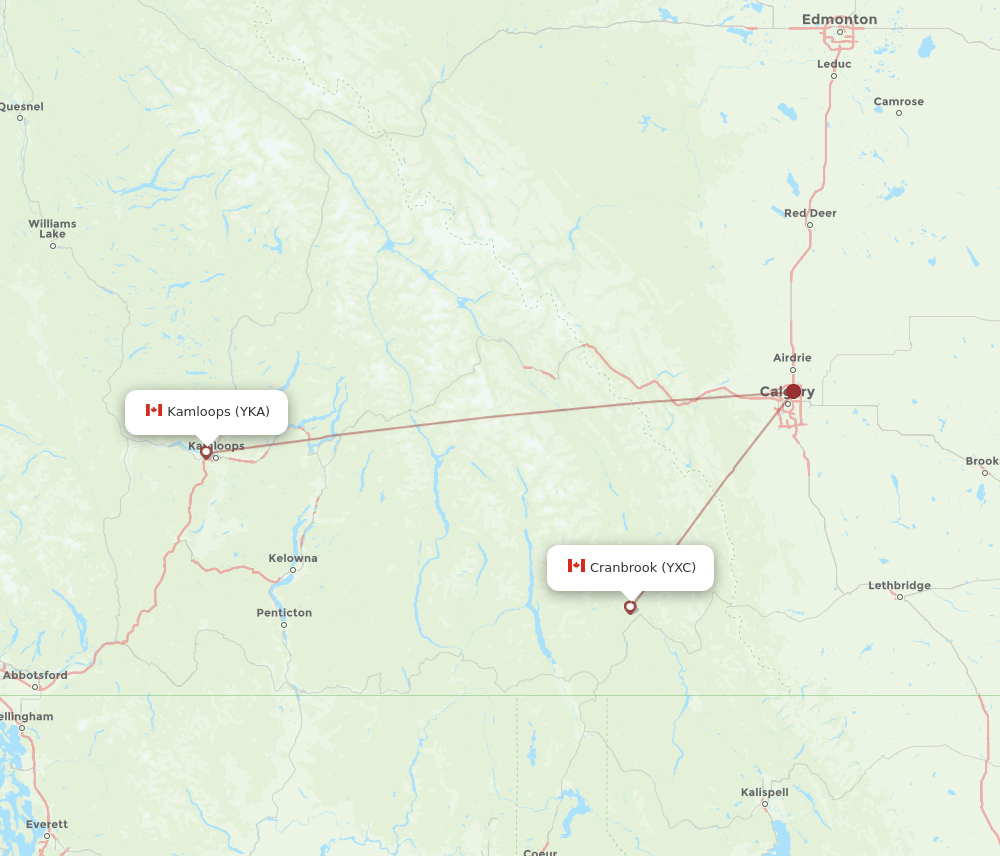YXC to YKA flights and routes map