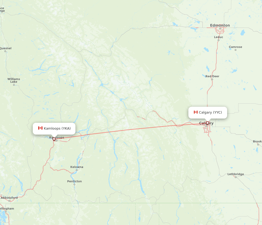 Kamloops - Calgary route map and flight paths