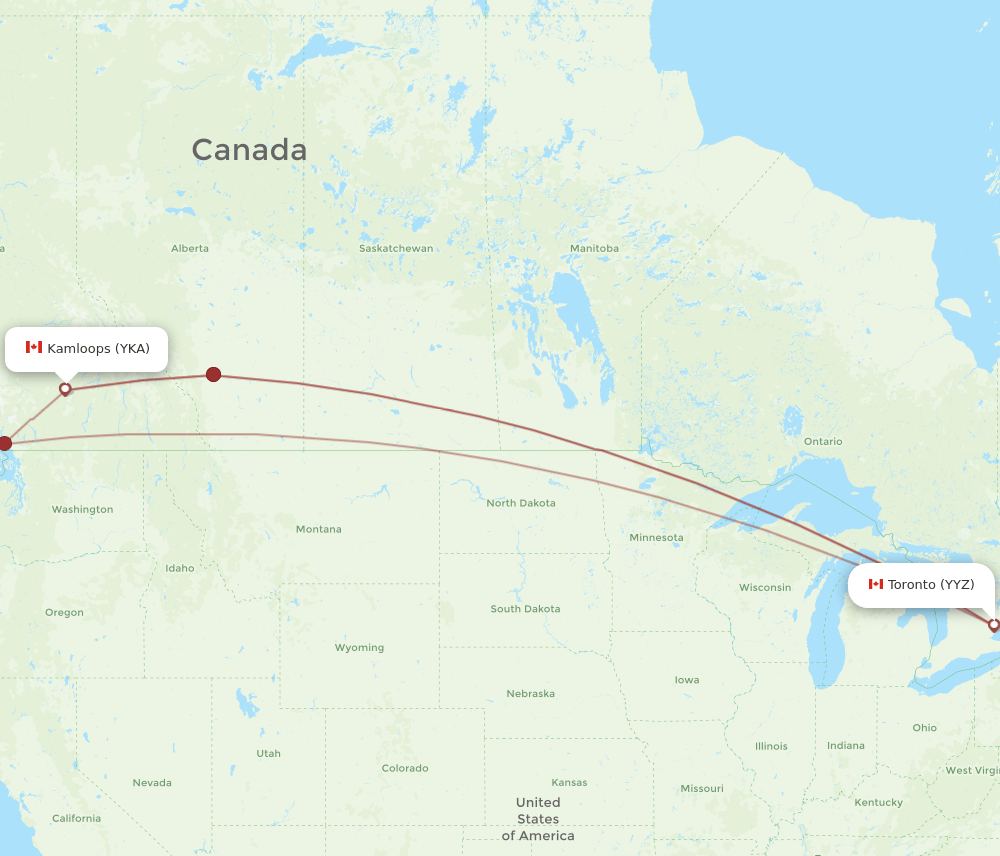 Toronto - Kamloops route map and flight paths