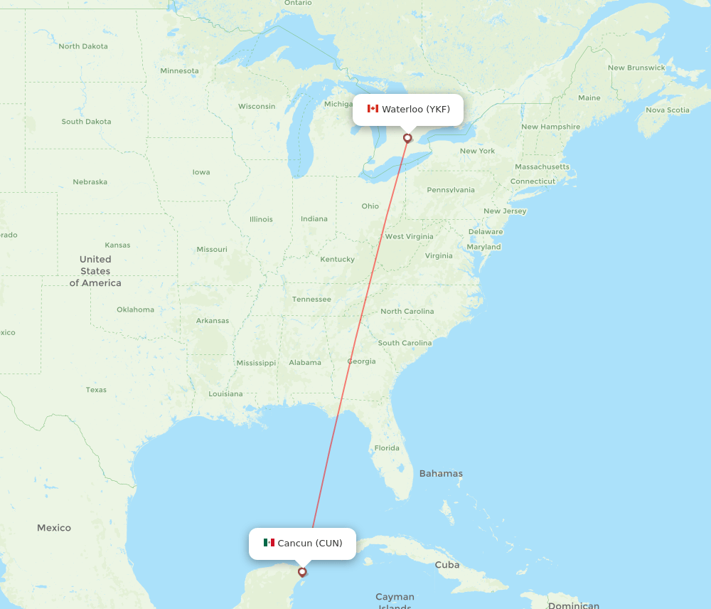 Kitchener - Cancun route map and flight paths