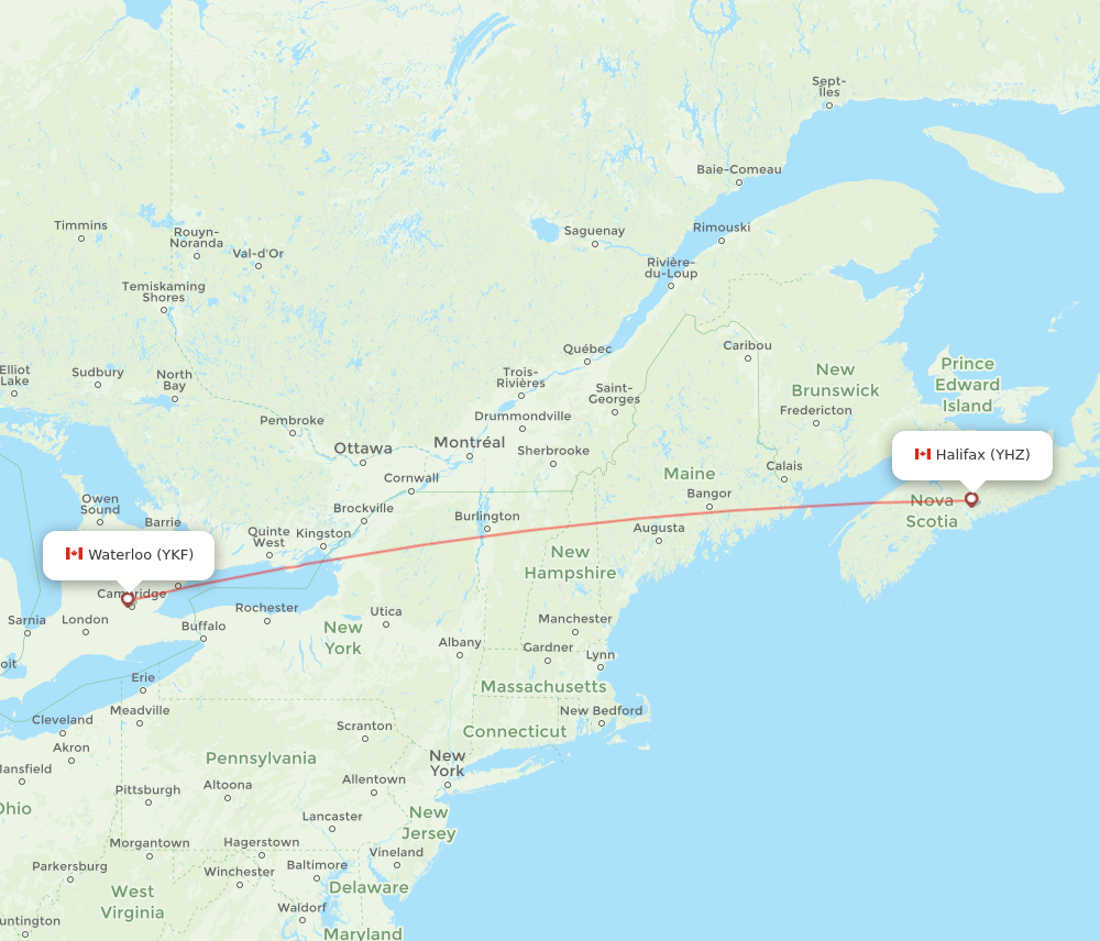 YKF to YHZ flights and routes map