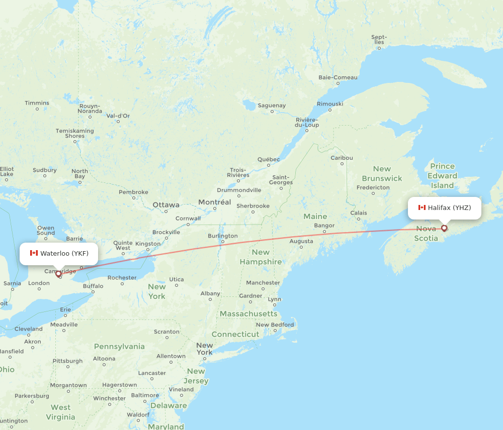 Kitchener - Halifax route map and flight paths