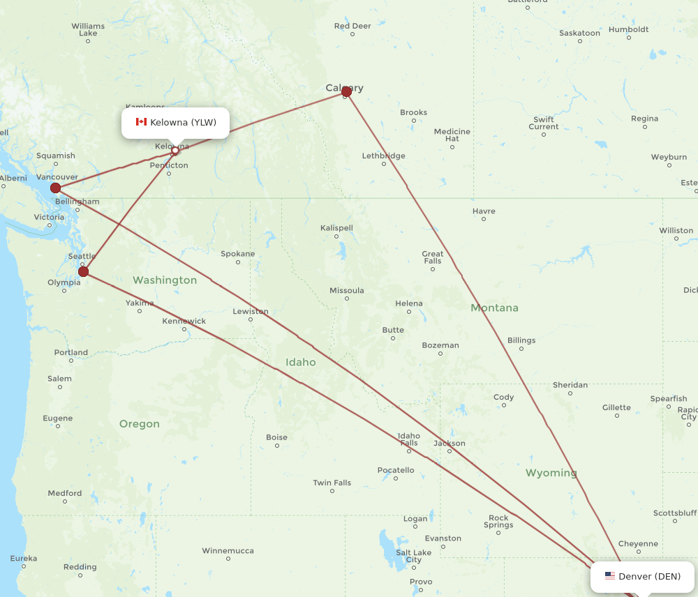 YLW to DEN flights and routes map