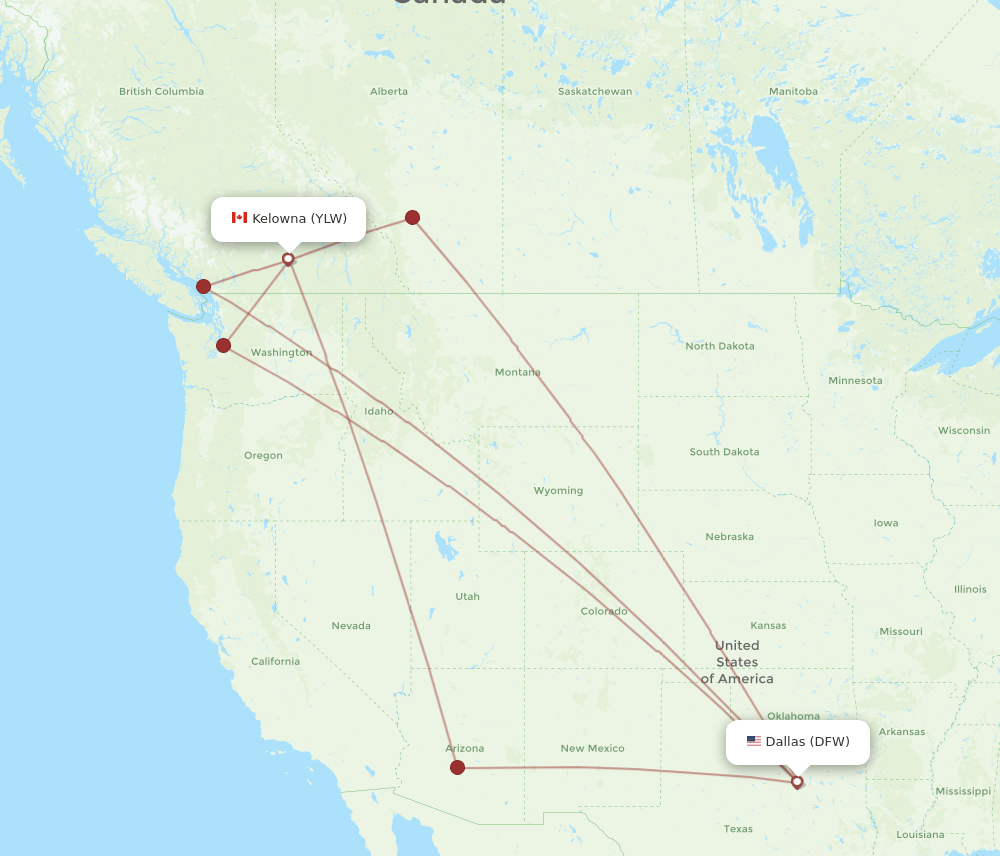 YLW to DFW flights and routes map