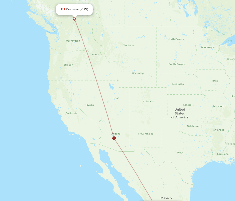 Kelowna - Guadalajara route map and flight paths