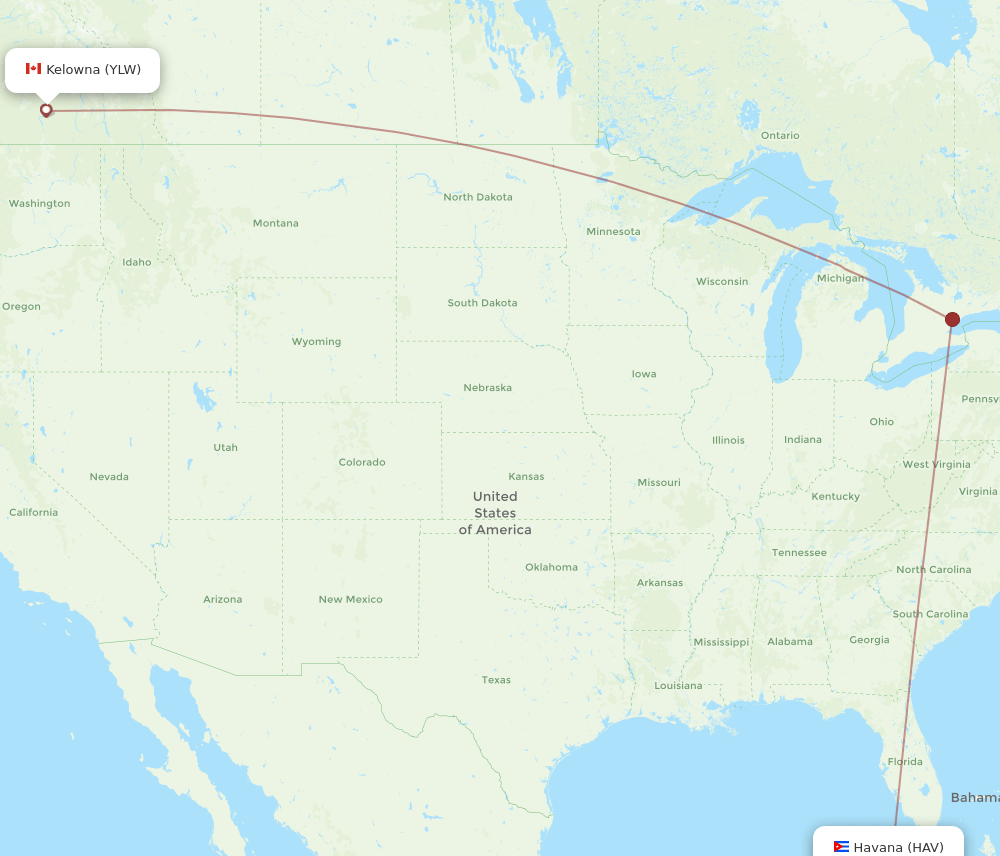 Kelowna - Havana route map and flight paths