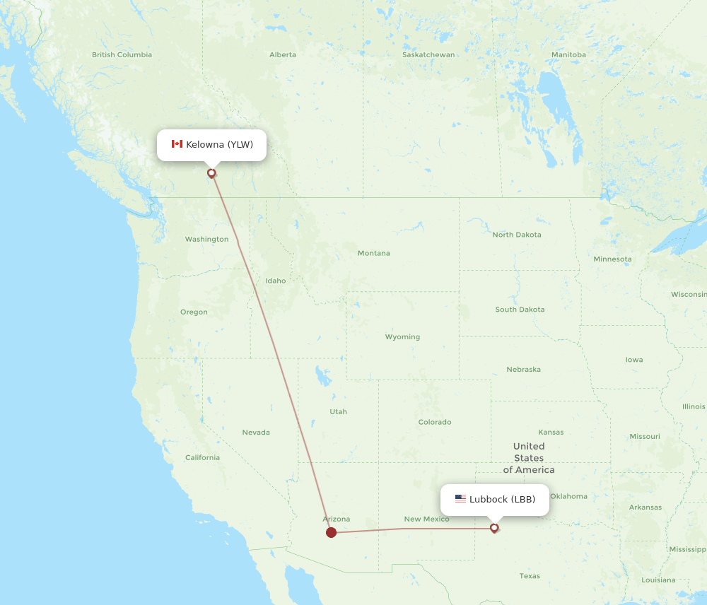 Lubbock - Kelowna route map and flight paths