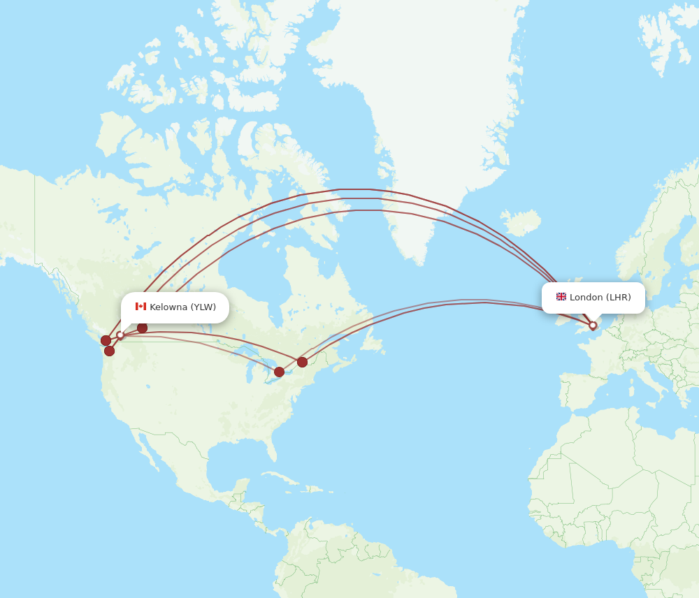 YLW to LHR flights and routes map