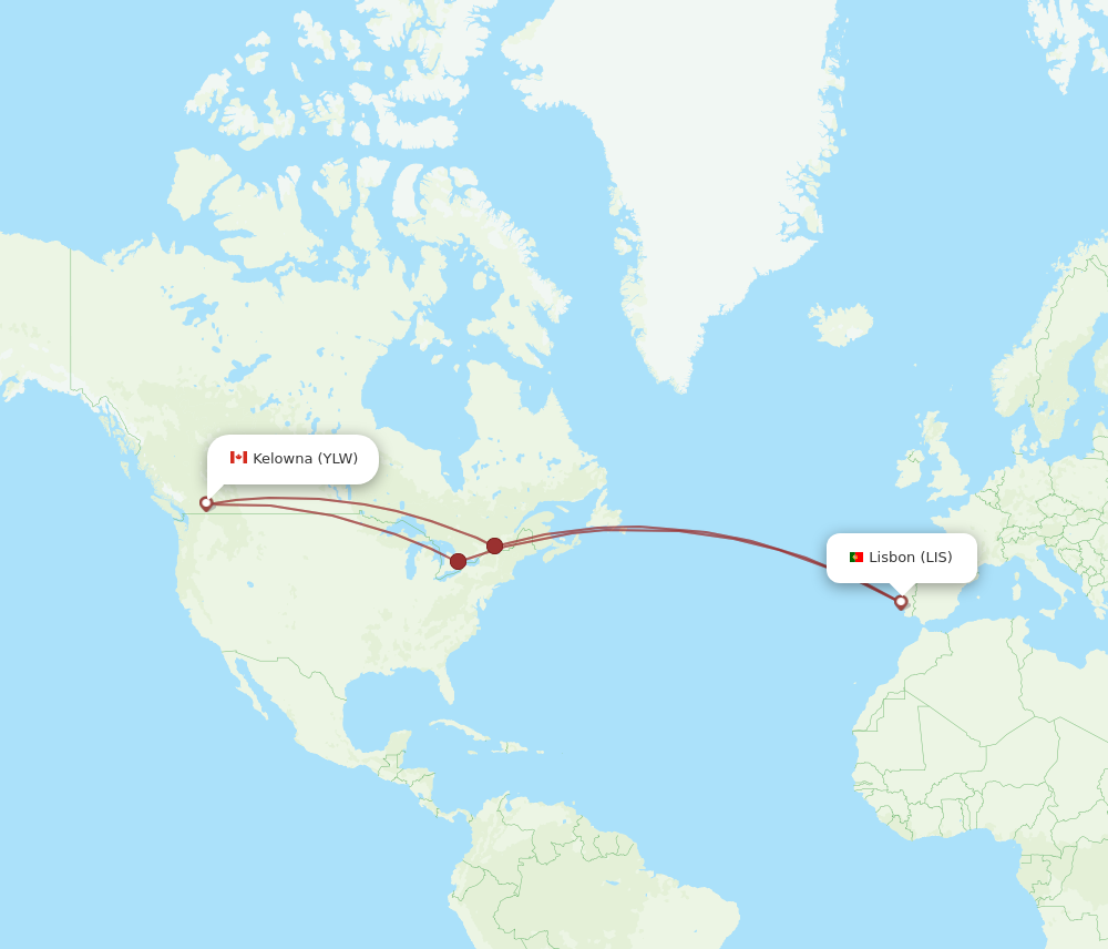 YLW to LIS flights and routes map