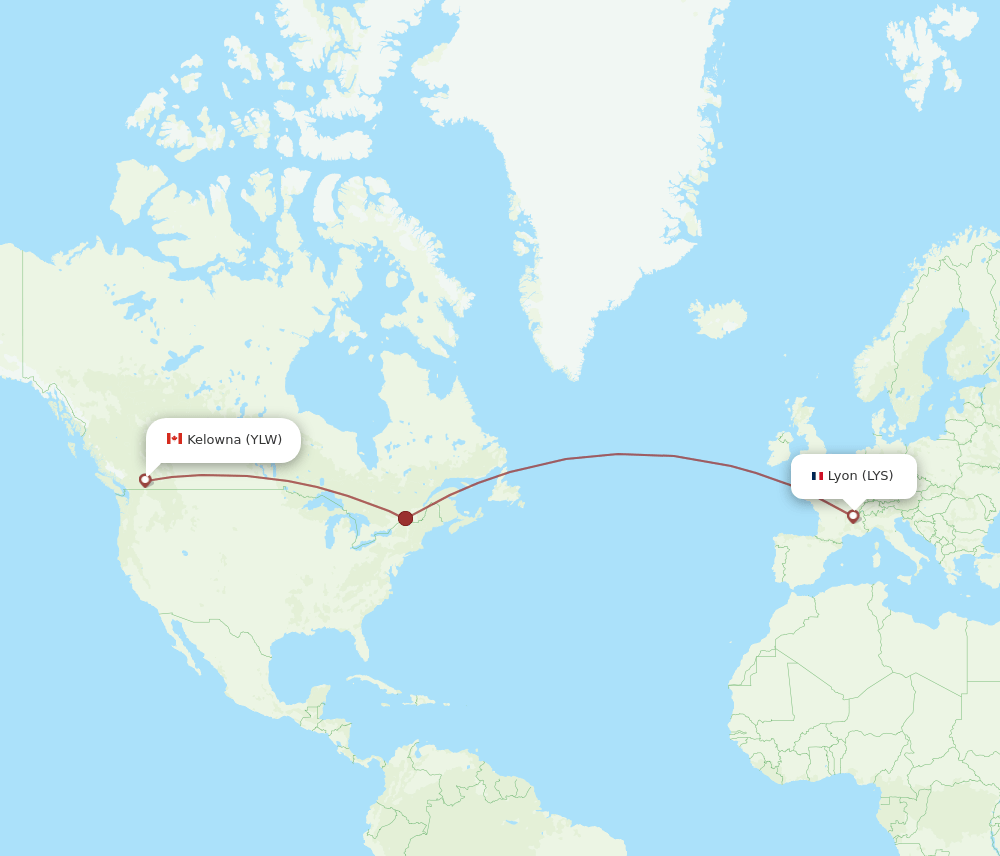Lyon - Kelowna route map and flight paths