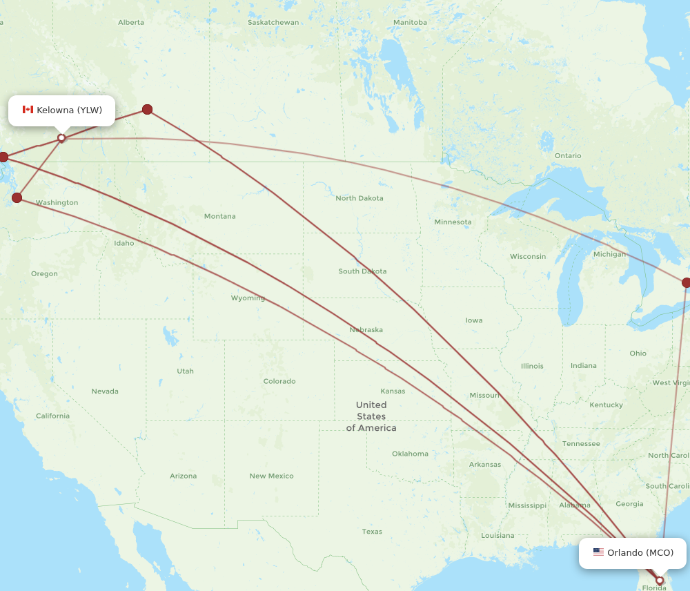 YLW to MCO flights and routes map