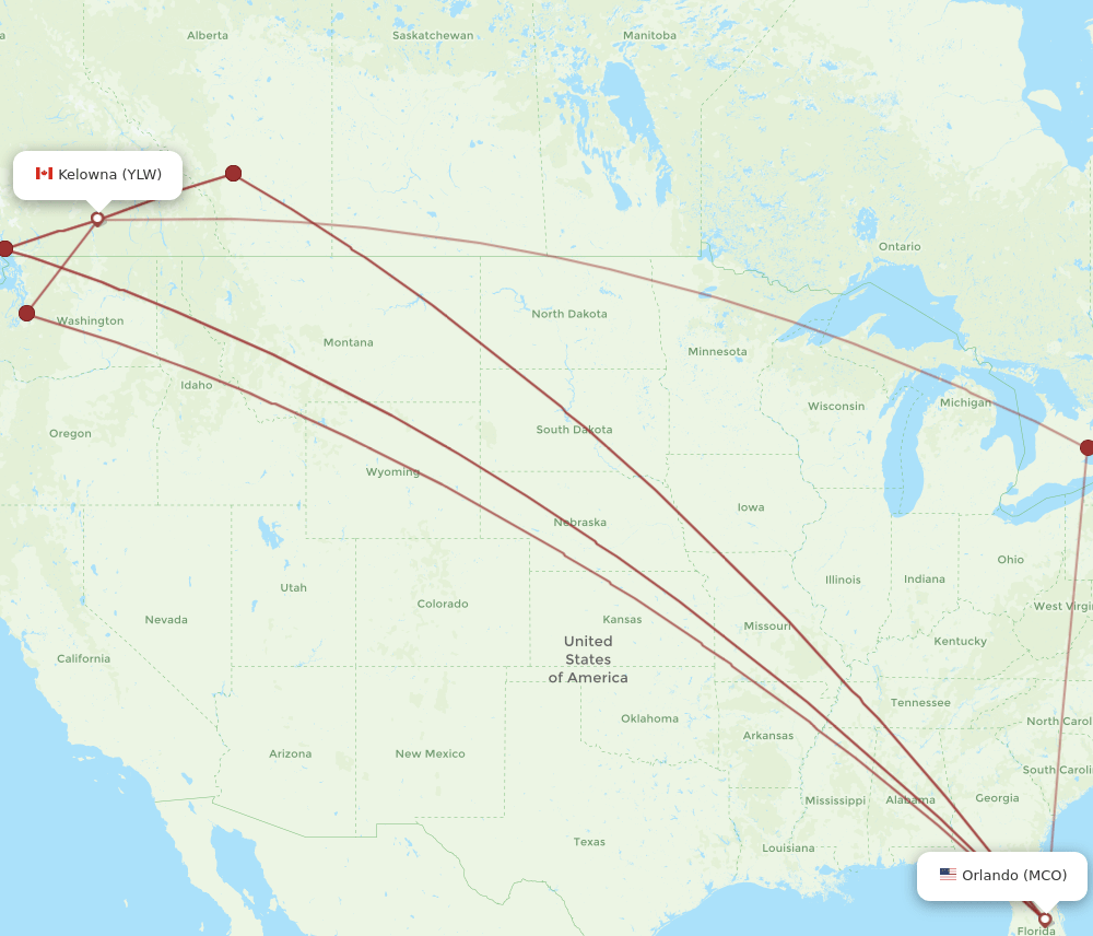 YLW-MCO flight routes