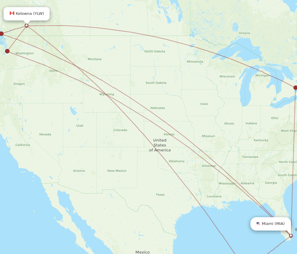 YLW to MIA flights and routes map