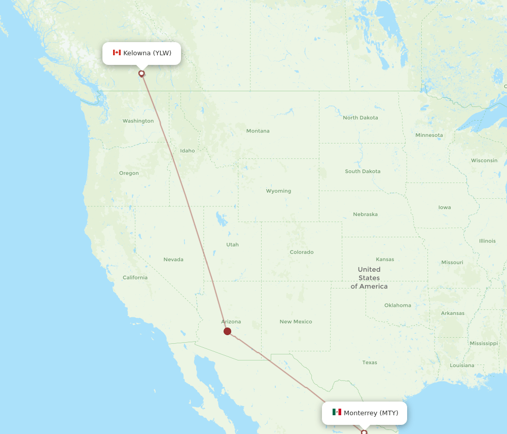Kelowna - Monterrey route map and flight paths