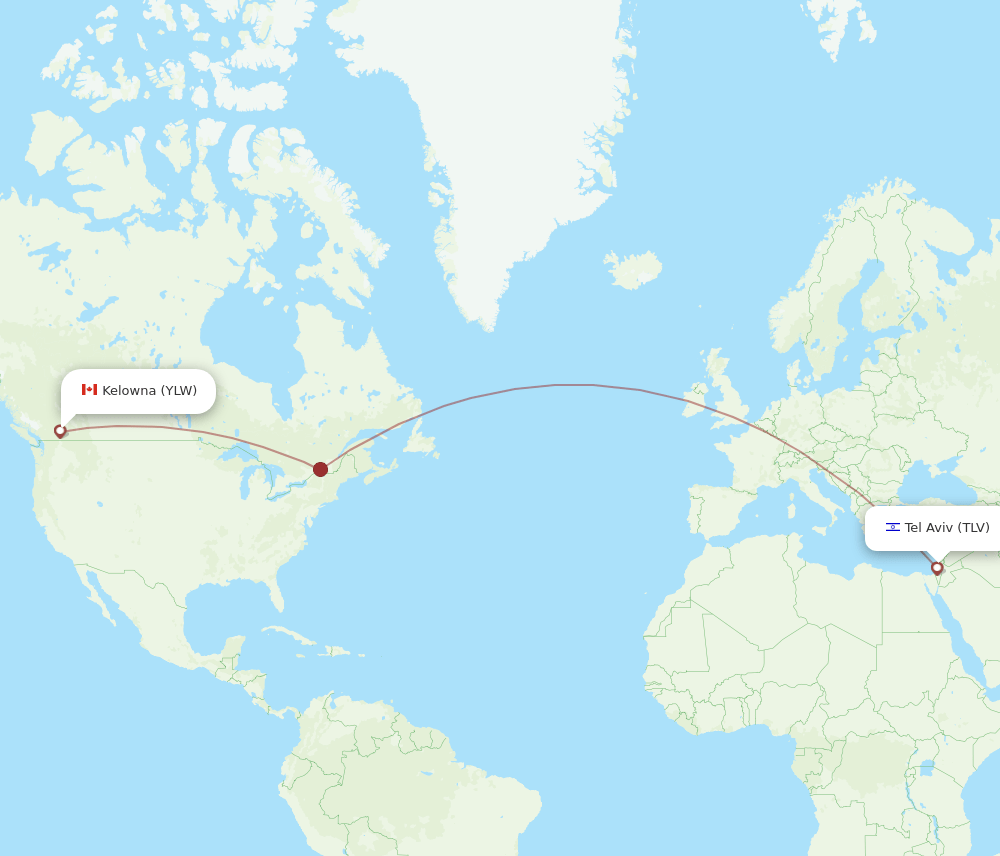 Tel Aviv-Yafo - Kelowna route map and flight paths