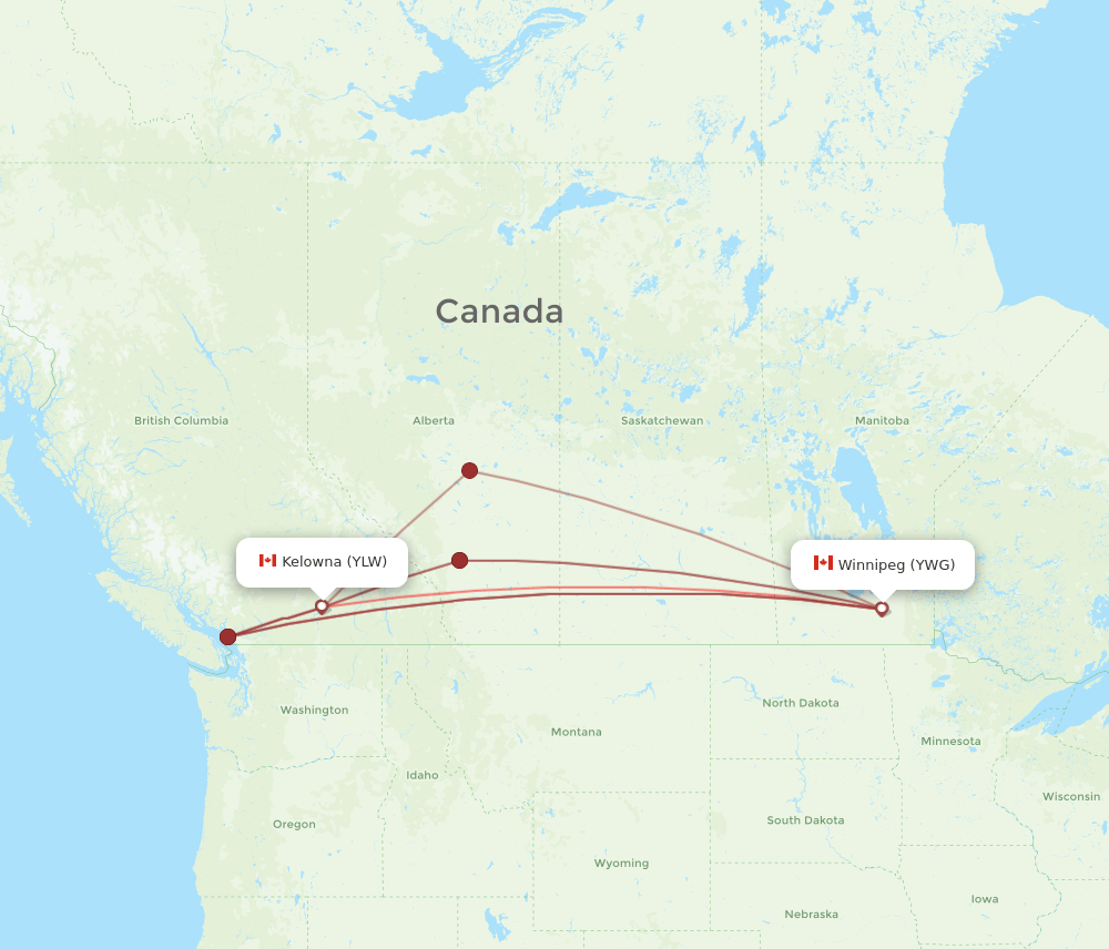 Winnipeg - Kelowna route map and flight paths
