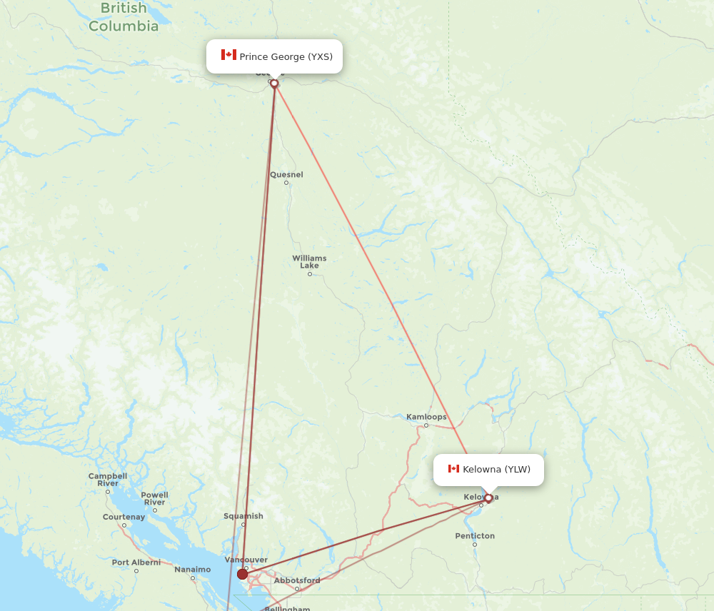 YLW to YXS flights and routes map