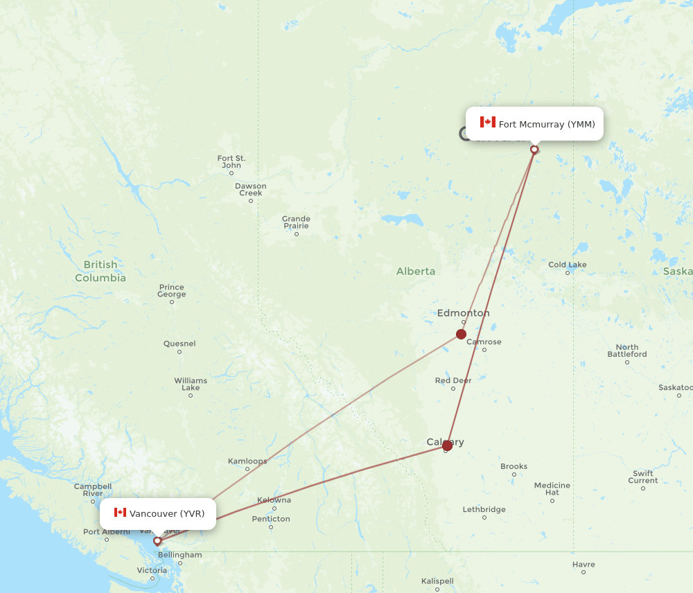 Vancouver - Fort McMurray route map and flight paths