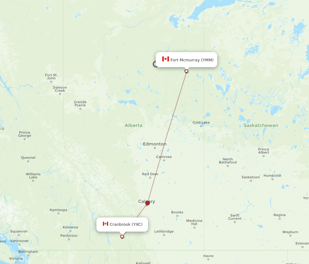 Cranbrook - Fort McMurray route map and flight paths