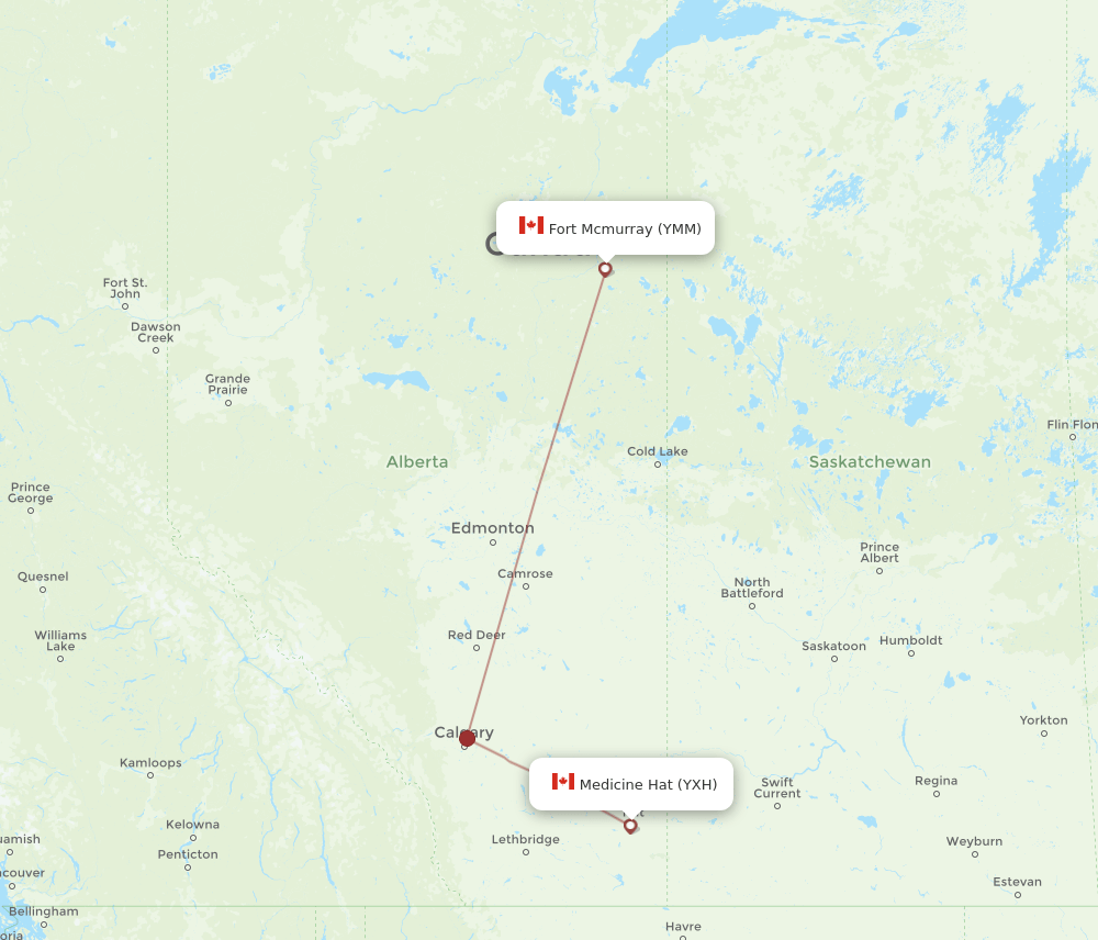 Medicine Hat - Fort McMurray route map and flight paths