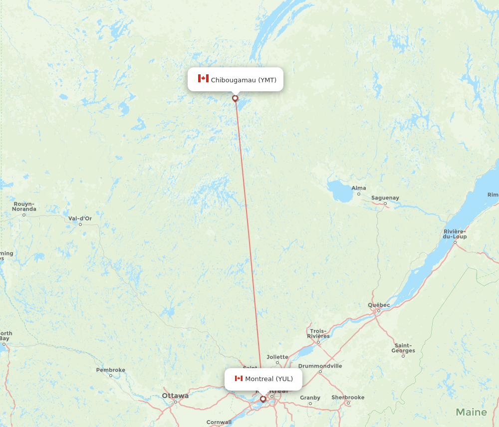 Chibougamau - Montreal route map and flight paths