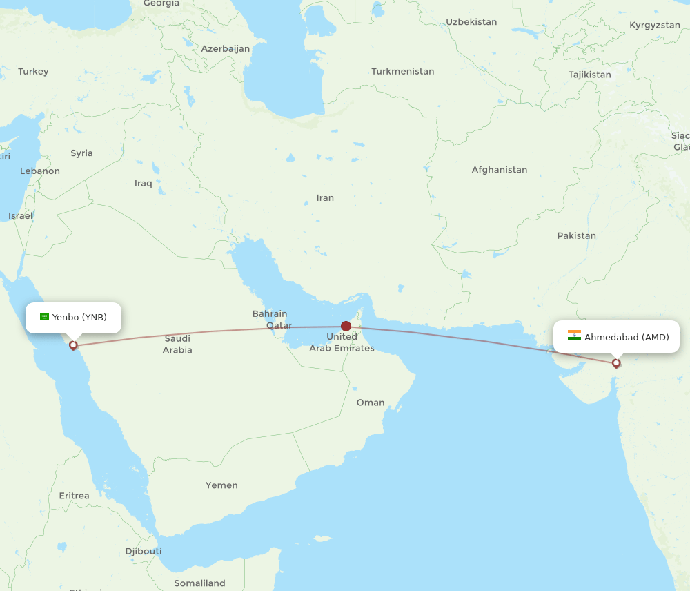 Ahmedabad - Yanbu route map and flight paths