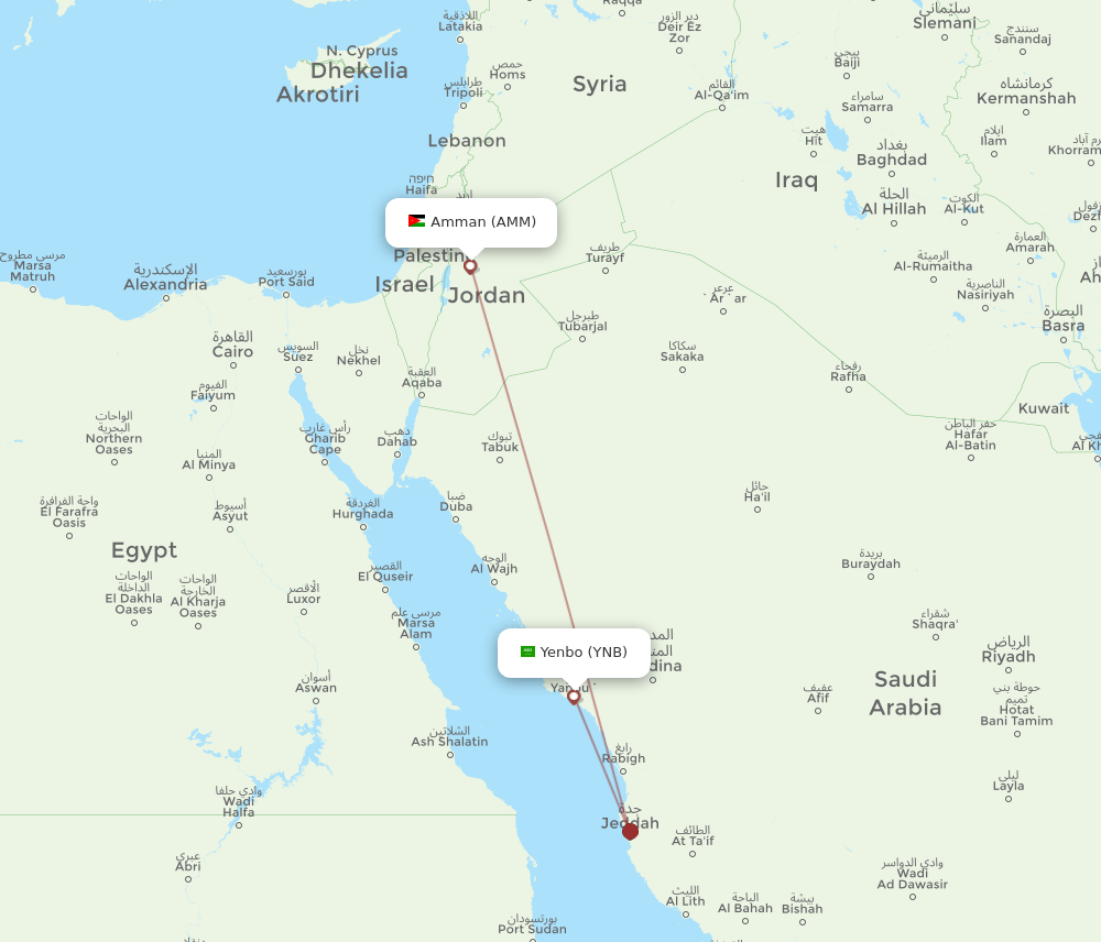 Amman - Yanbu route map and flight paths