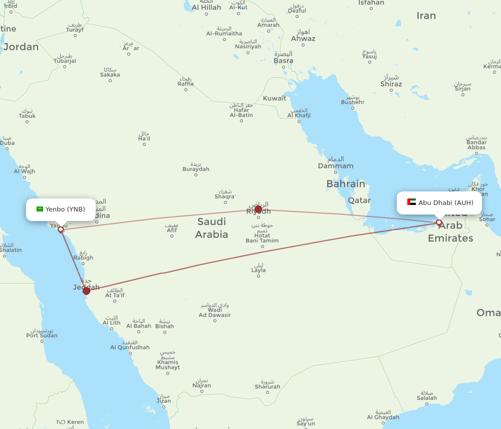 YNB to AUH flights and routes map