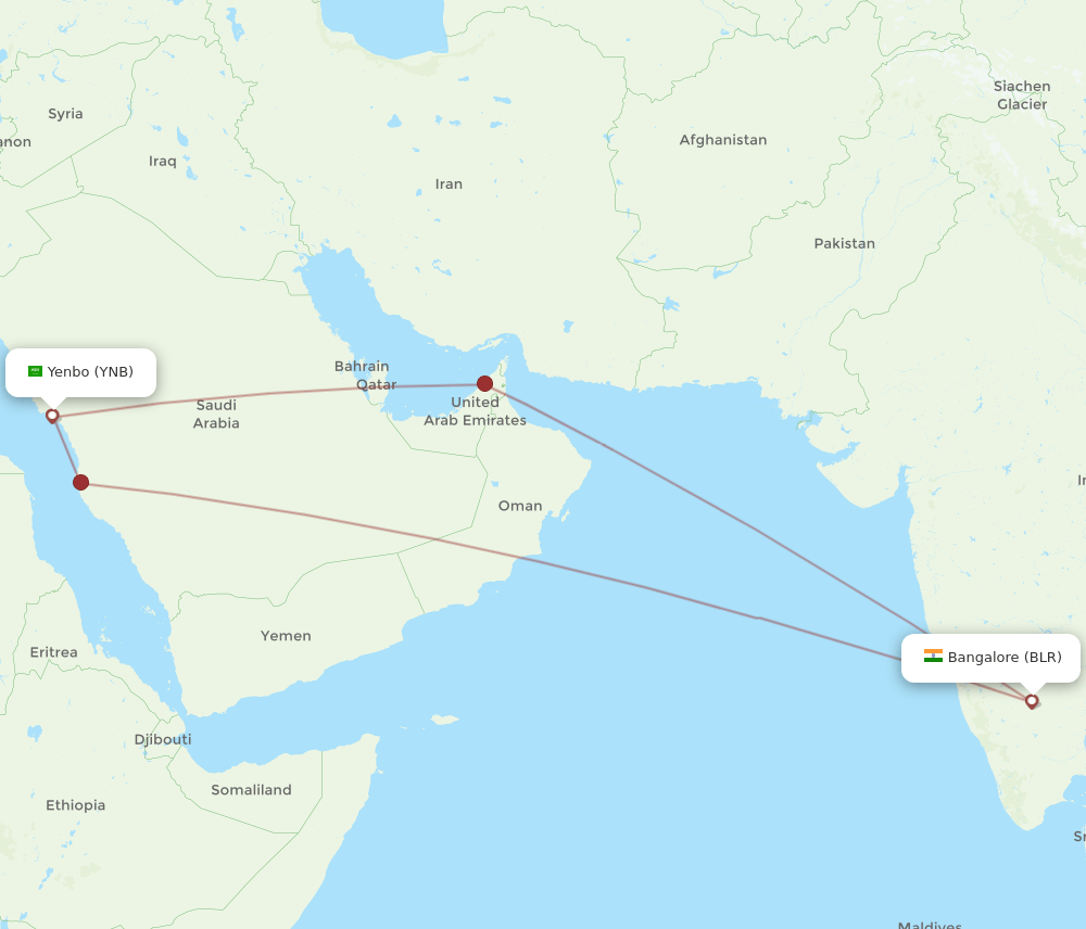 Bengaluru - Yanbu route map and flight paths