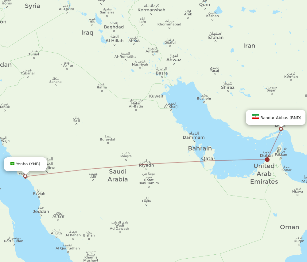 Yanbu - Bandar Abbas route map and flight paths