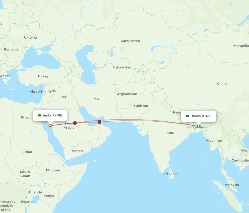 YNB-DAC flight routes