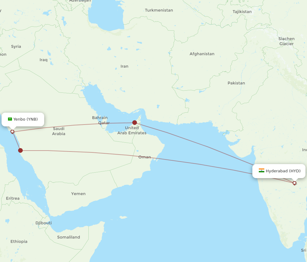 YNB-HYD flight routes